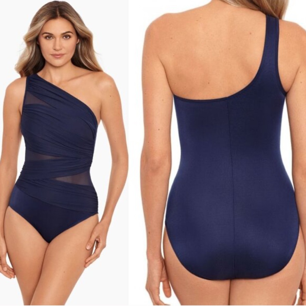 NWT Miraclesuit Navy One-Shoulder Jena Swimsuit-Size 10